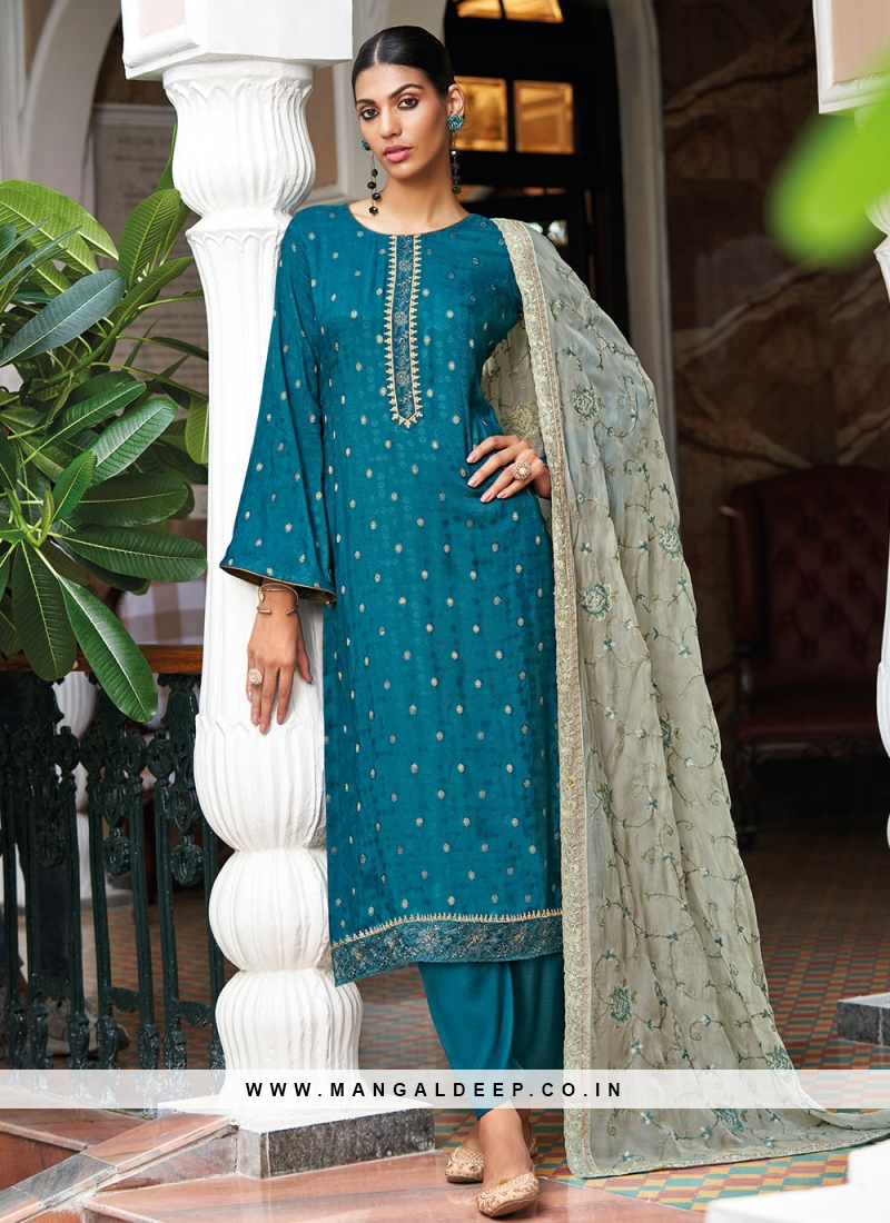 Refreshing Teal Embroidered Jacquard Designer Pakistani Salwar Suit