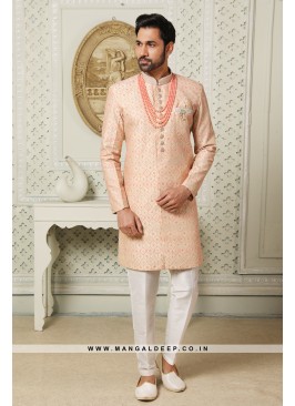 Regal Beige Art Silk Indo Western Sherwani with Si