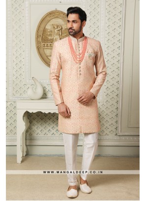 Regal Beige Art Silk Indo Western Sherwani with Silk Bottom