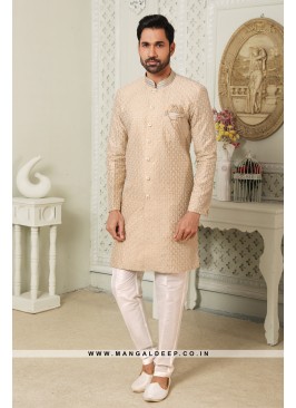 Regal Beige Art Silk Indo Western Sherwani with Si