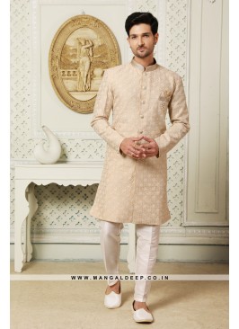 Regal Beige Art Silk Indo Western Sherwani with Silk Bottom