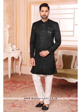 Regal Black Art Silk Indo Western Sherwani with Silk Bottom