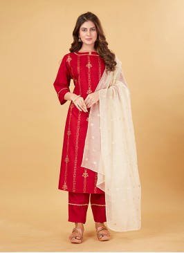 Regal Cotton Embroidered Red Readymade Suit