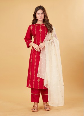 Regal Cotton Embroidered Red Readymade Suit