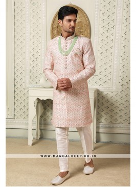 Regal Cream Art Silk Indo Western Sherwani with Si