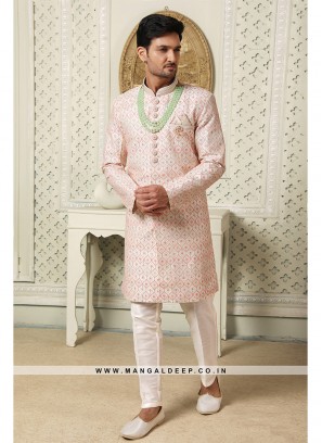 Regal Cream Art Silk Indo Western Sherwani with Silk Bottom