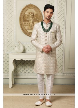 Regal Cream Art Silk Indo Western Sherwani with Silk Bottom