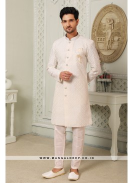 Regal Cream Art Silk Indo Western Sherwani with Si