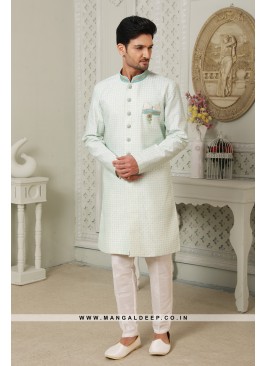 Regal Cream & Grey Art Silk Indo Western Sherwani with Silk Bottom