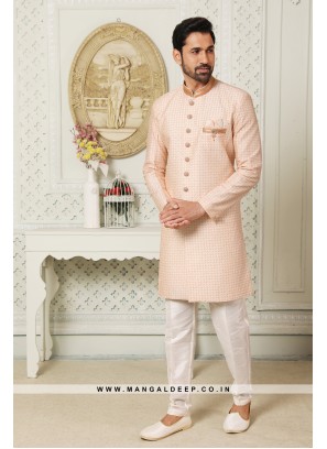 Regal Cream & Orange Art Silk Indo Western Sherwani with Silk Bottom