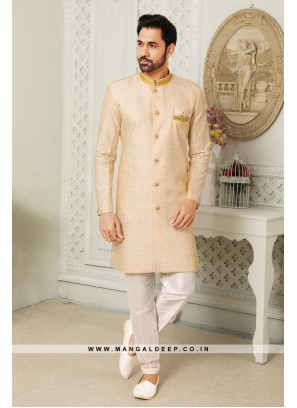 Regal Cream & Yellow Art Silk Indo Western Sherwani with Silk Bottom