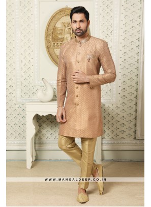 Regal Dark Beige Art Silk Indo Western Sherwani with Silk Bottom