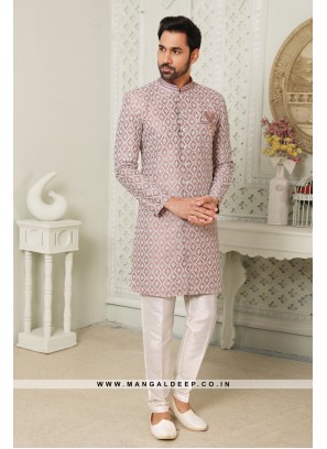 Regal Dark Onion Art Silk Indo Western Sherwani with Silk Bottom