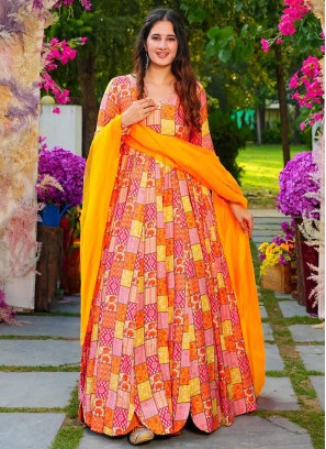 Regal Digital Print Rayon Orange Gown 