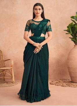 Regal Embroidered Green Chiffon Designer Lehenga Style Saree