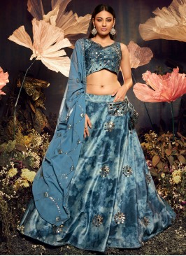 Regal Embroidered Velvet Aqua Blue Designer Lehenga Choli