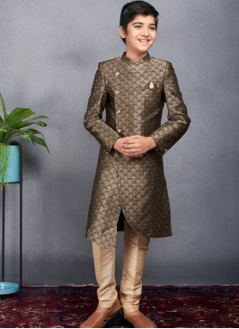 Royal Green Banarasi Sherwani Trouser Set for Boys