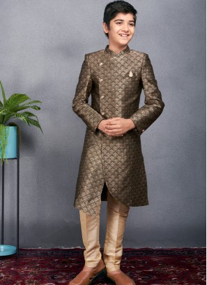 Royal Green Banarasi Sherwani Trouser Set for Boys