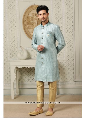 Regal Firozi Art Silk Indo Western Sherwani with Silk Bottom