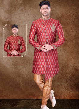 Regal Marron and Chikoo Sherwani with Jaqard Top a