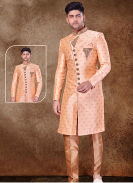 Regal Peach and Chikoo Sherwani with Jaqard Top an