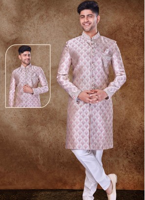 Regal Multi and Off white Sherwani with Jaqard Top and Dhupion Silk Bottom.