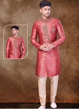 Regal Marron and Cream Sherwani with Jaqard Top an