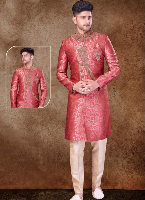 Regal Marron and Cream Sherwani with Jaqard Top and Dhupion Silk Bottom.