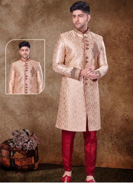 Regal Gold and Maroon Sherwani with Jaqard Top and Dhupion Silk Bottom.