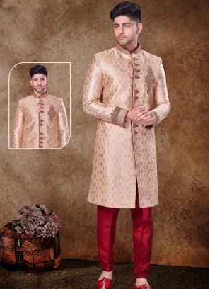 Regal Gold and Maroon Sherwani with Jaqard Top and Dhupion Silk Bottom.