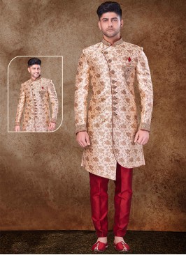 Regal Gold and Maroon Sherwani with Jaqard Top and