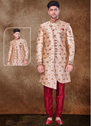 Regal Gold and Maroon Sherwani with Jaqard Top and Dhupion Silk Bottom.