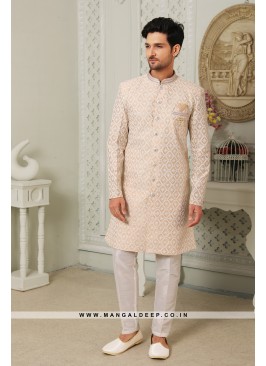 Regal Gold Art Silk Indo Western Sherwani with Sil