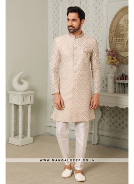 Regal Gold Art Silk Indo Western Sherwani with Silk Bottom