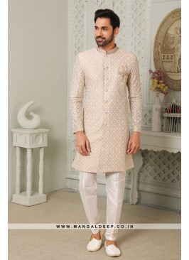 Regal Gold Art Silk Indo Western Sherwani with Silk Bottom