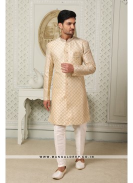 Regal Gold Art Silk Indo Western Sherwani with Sil