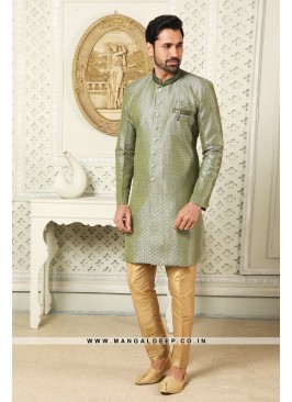 Regal Green Art Silk Indo Western Sherwani with Si