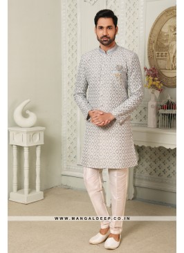 Regal Grey Art Silk Indo Western Sherwani with Silk Bottom