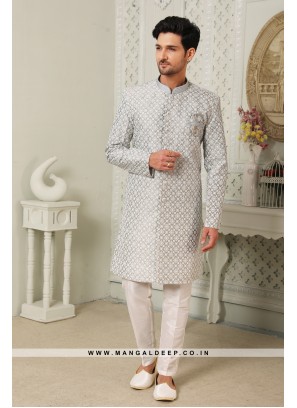 Regal Grey Art Silk Indo Western Sherwani with Silk Bottom