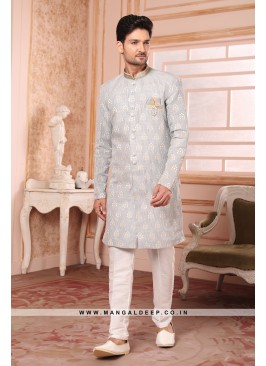 Regal Light Grey Art Silk Indo Western Sherwani with Silk Bottom