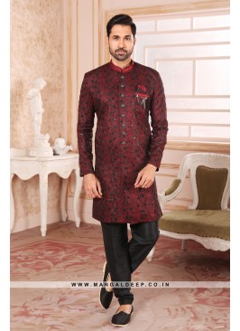 Regal Maroon Art Silk Indo Western Sherwani with Silk Bottom