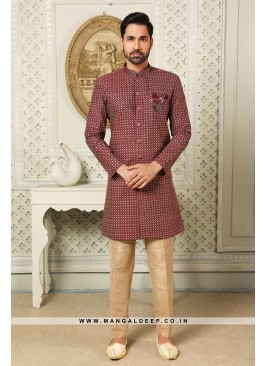 Regal Maroon Art Silk Indo Western Sherwani with Silk Bottom