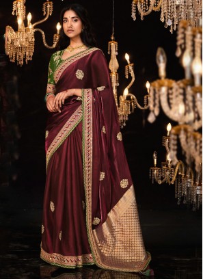 Regal Maroon Border Fancy Fabric Contemporary Style Saree