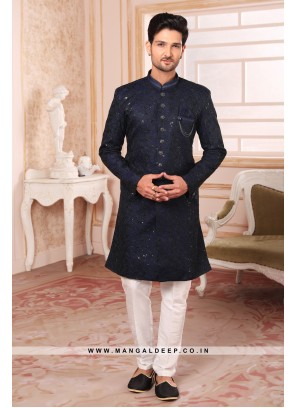 Regal Navy Art Silk Indo Western Sherwani with Silk Bottom