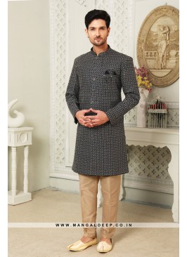 Regal Navy Art Silk Indo Western Sherwani with Silk Bottom