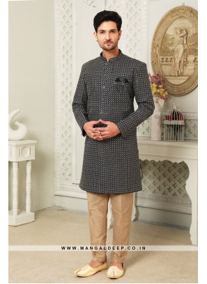 Regal Navy Art Silk Indo Western Sherwani with Silk Bottom