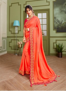 Regal Orange Color Embroidered Saree