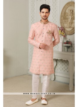 Regal Pink Art Silk Indo Western Sherwani with Silk Bottom