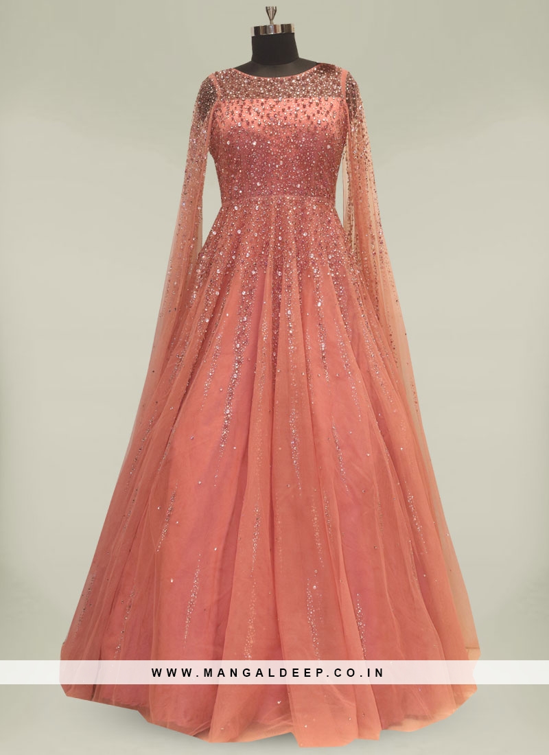 Regal Pink Color Net Diamond Gown For Women