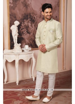 Regal Pista Art Silk Indo Western Sherwani with Silk Bottom